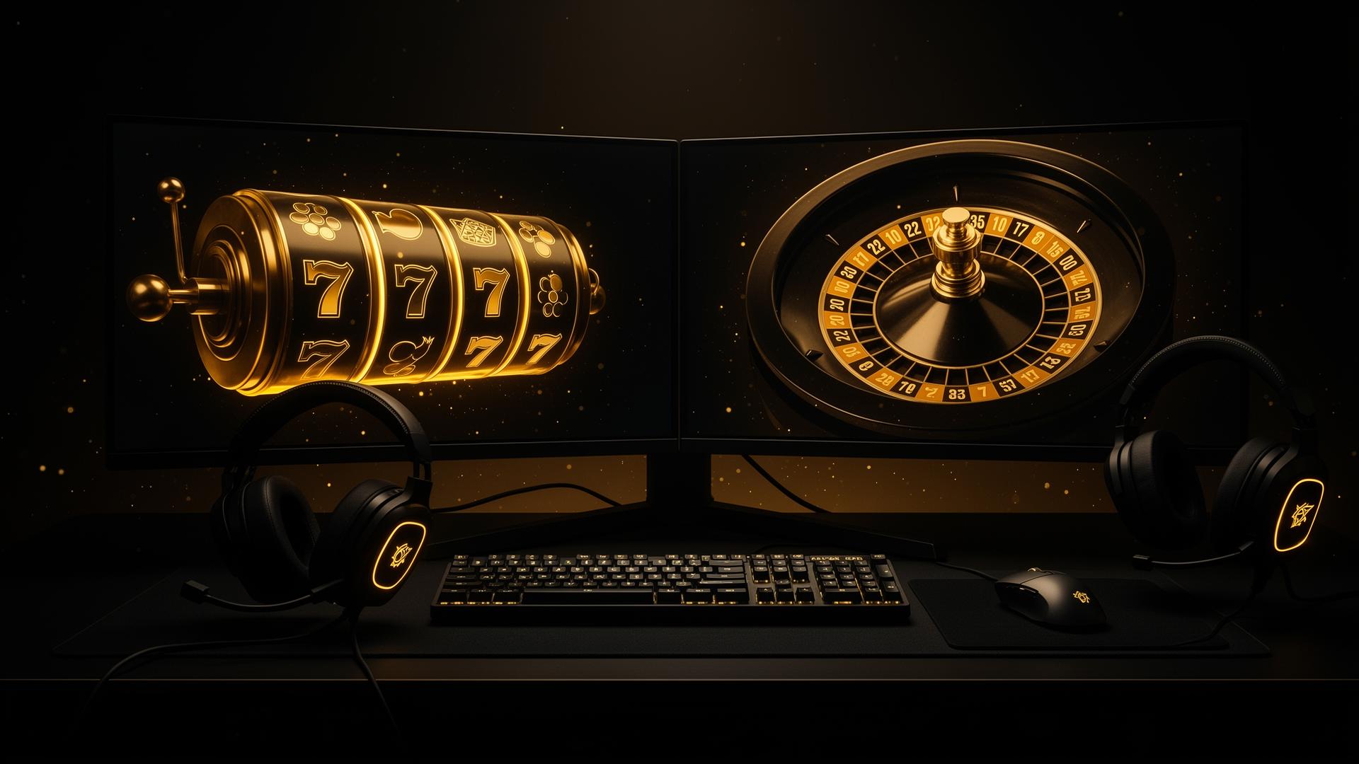 Gold-lit gaming streamer setup with casino slot reels and roulette on dual monitors